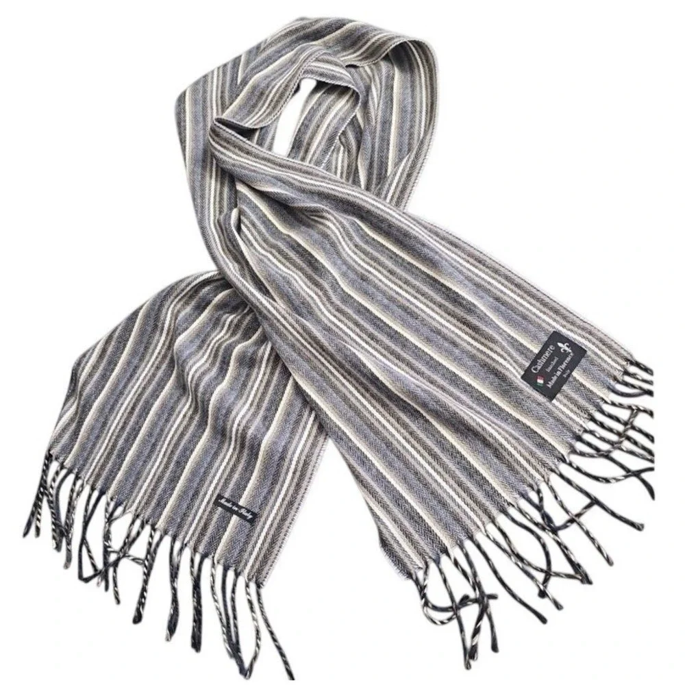 Cashmere Finished Striped Winter Scarf Fringe  Grey White Made‎ in ItalyUnisex